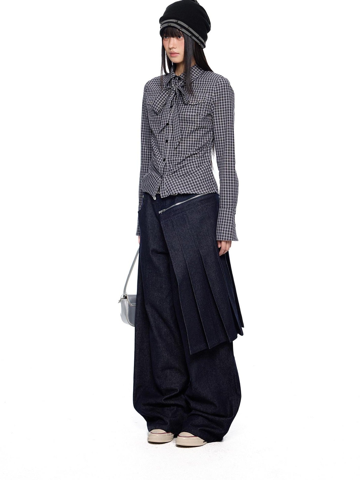 EZEK Black White Checked Retro Lapel Tie Long Sleeve Women's Cotton Blend Bow Blouses