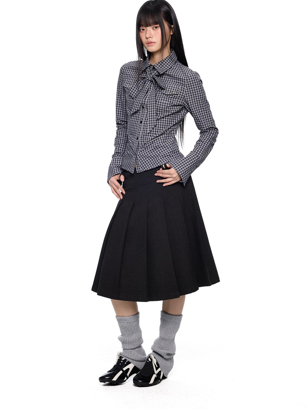 EZEK Black White Checked Retro Lapel Tie Long Sleeve Women's Cotton Blend Bow Blouses