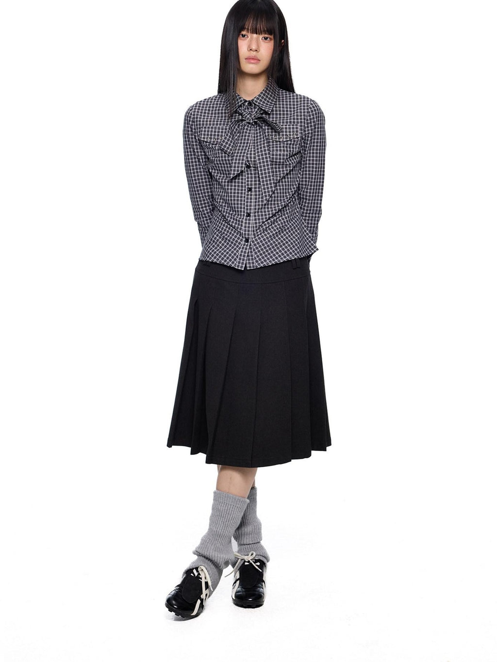 EZEK Black White Checked Retro Lapel Tie Long Sleeve Women's Cotton Blend Bow Blouses