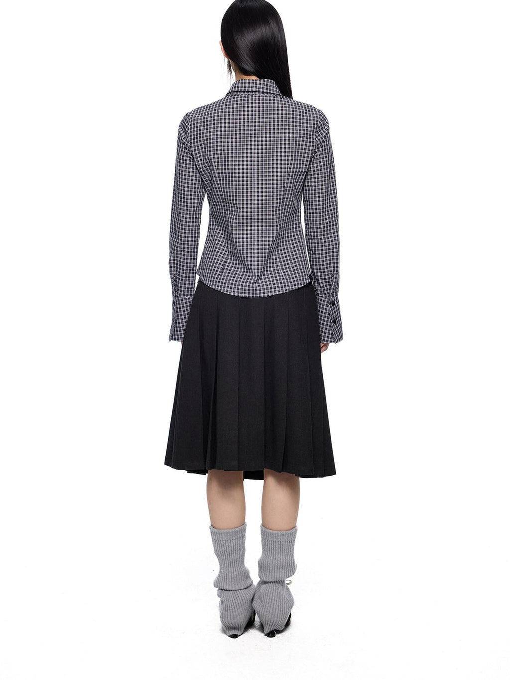 EZEK Black White Checked Retro Lapel Tie Long Sleeve Women's Cotton Blend Bow Blouses