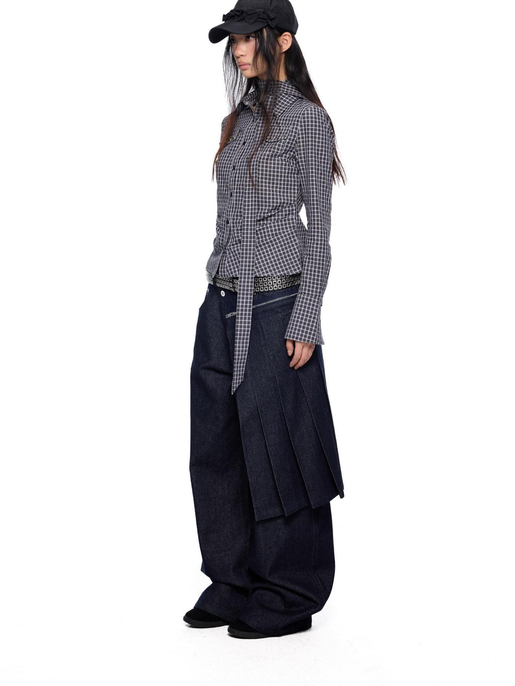EZEK Black White Checked Retro Lapel Tie Long Sleeve Women's Cotton Blend Bow Blouses