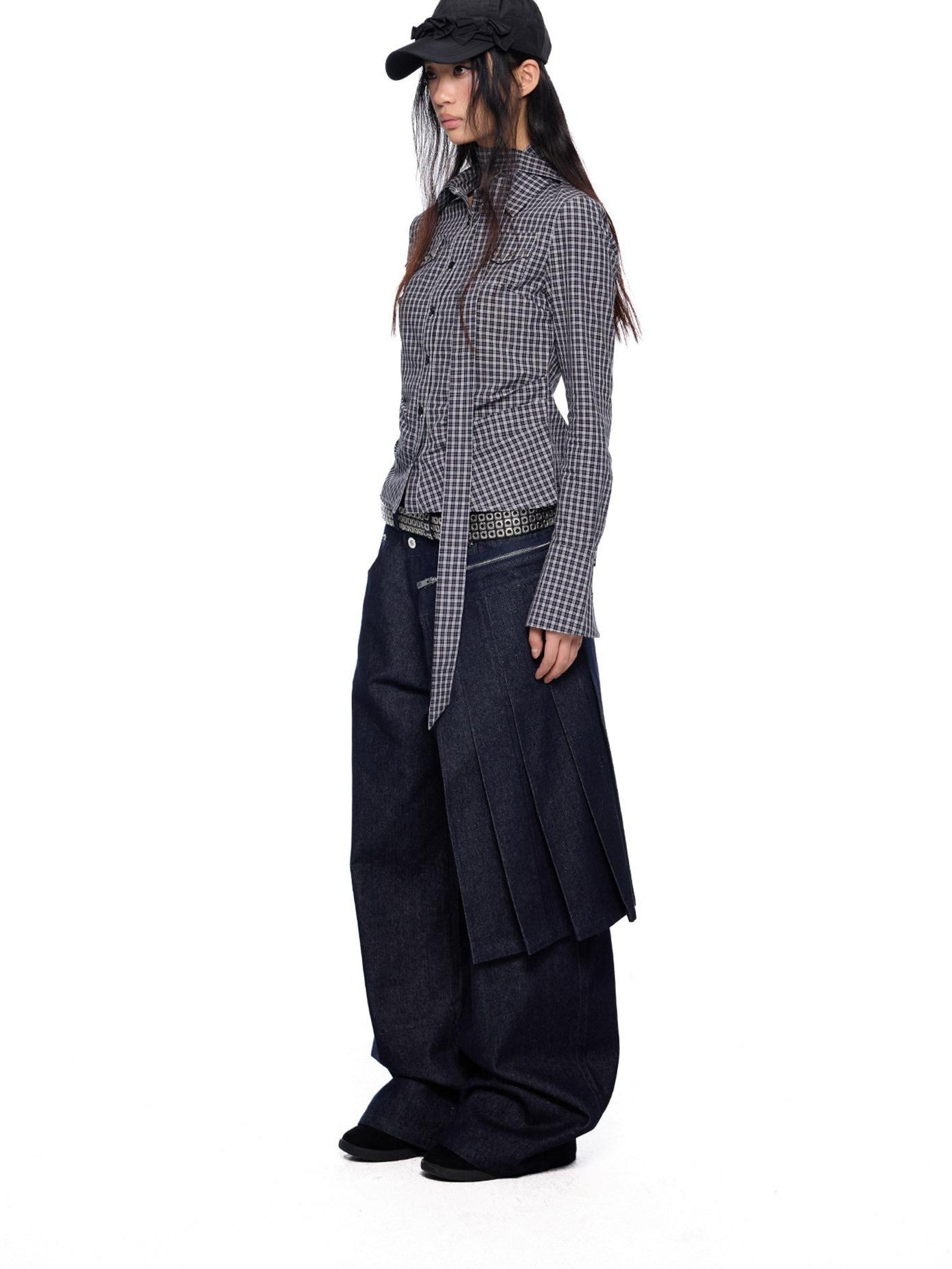 EZEK Black White Checked Retro Lapel Tie Long Sleeve Women's Cotton Blend Bow Blouses