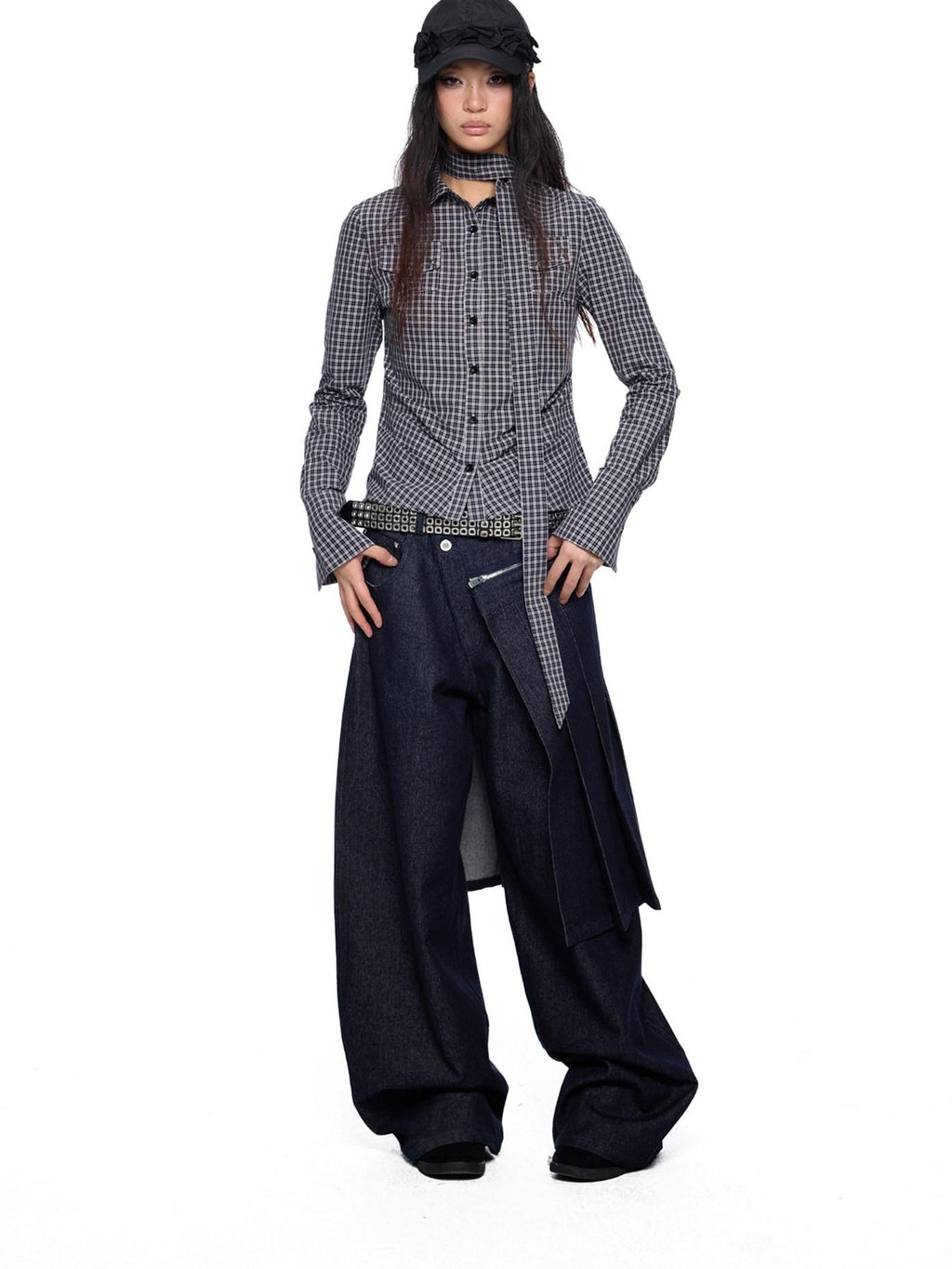 EZEK Black White Checked Retro Lapel Tie Long Sleeve Women's Cotton Blend Bow Blouses