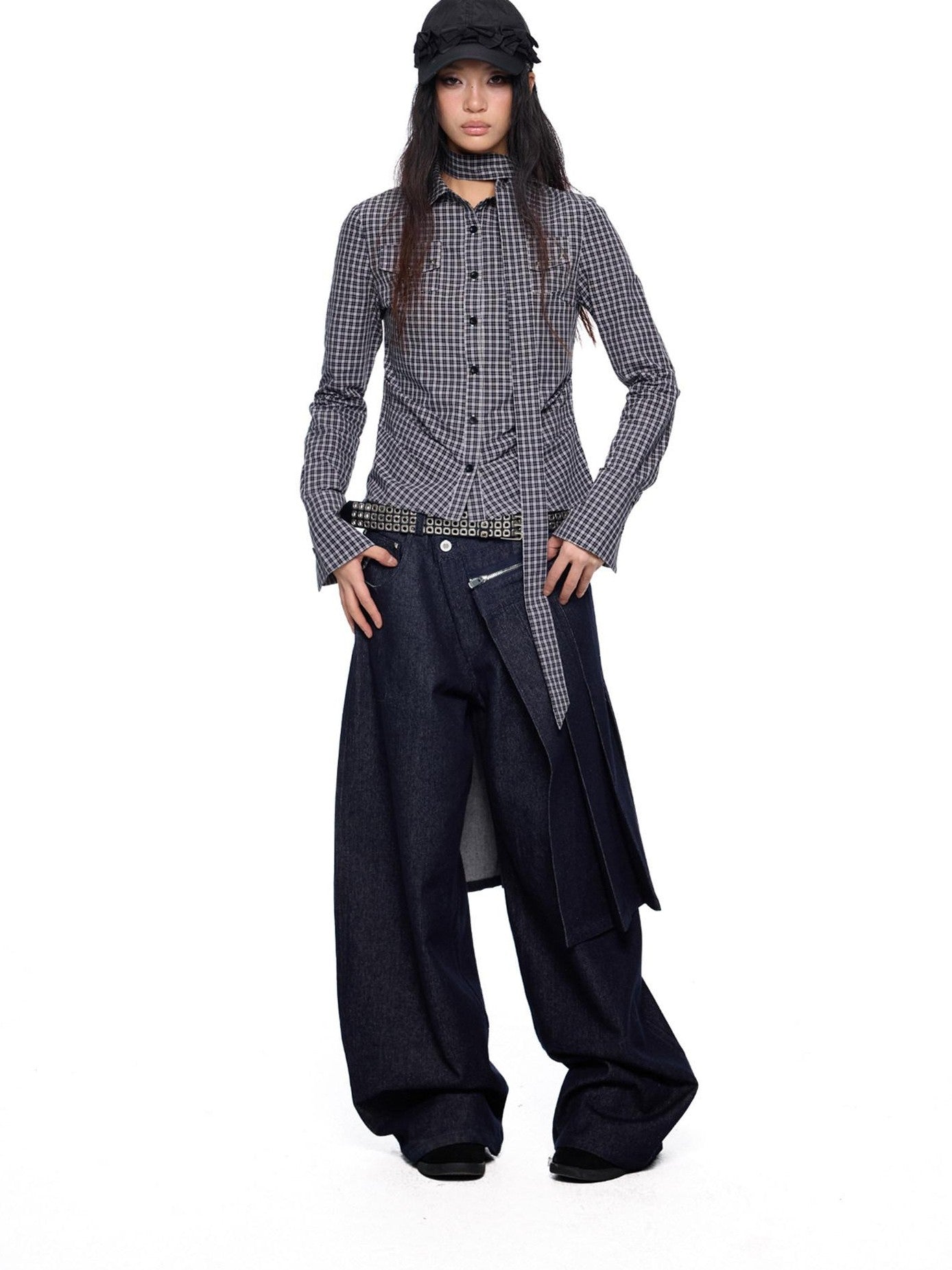 EZEK Black White Checked Retro Lapel Tie Long Sleeve Women's Cotton Blend Bow Blouses