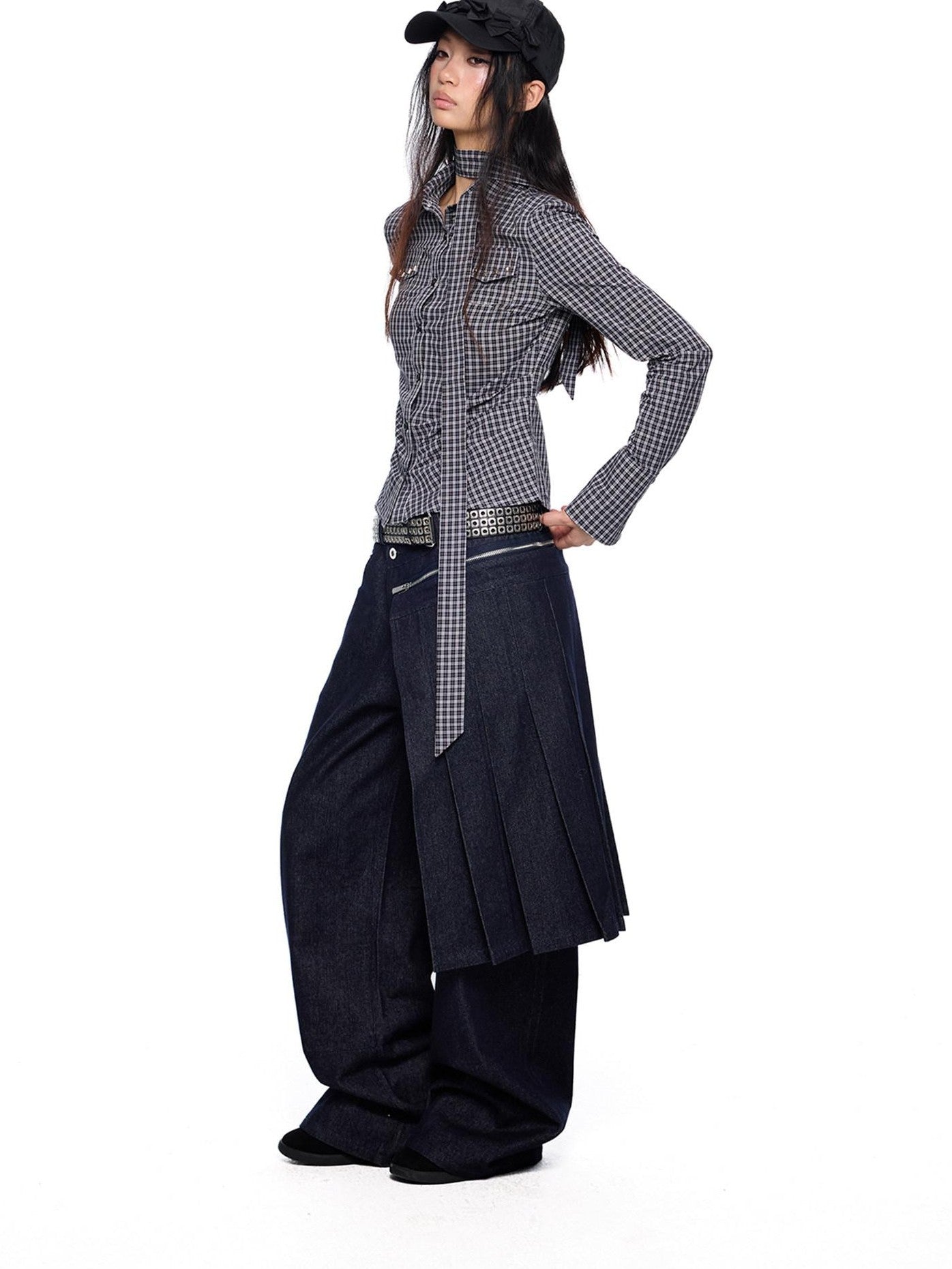 EZEK Black White Checked Retro Lapel Tie Long Sleeve Women's Cotton Blend Bow Blouses