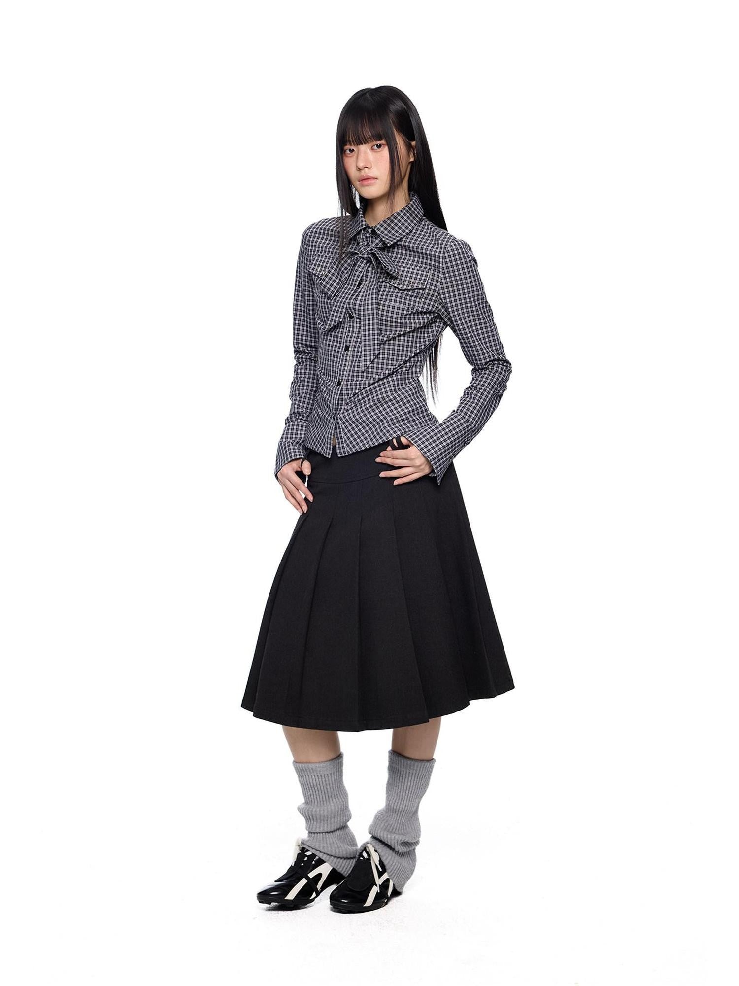 EZEK Black White Checked Retro Lapel Tie Long Sleeve Women's Cotton Blend Bow Blouses