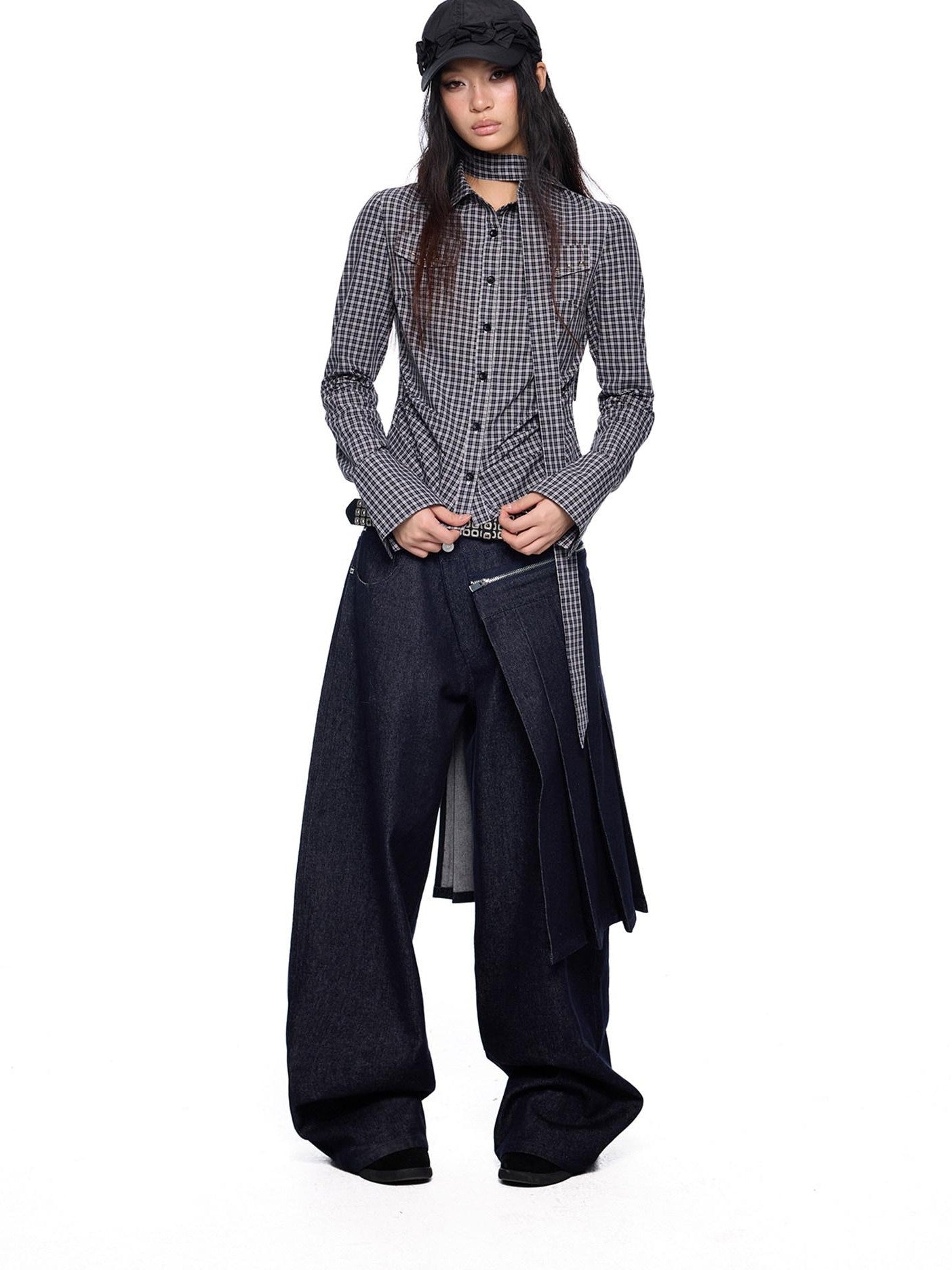 EZEK Black White Checked Retro Lapel Tie Long Sleeve Women's Cotton Blend Bow Blouses