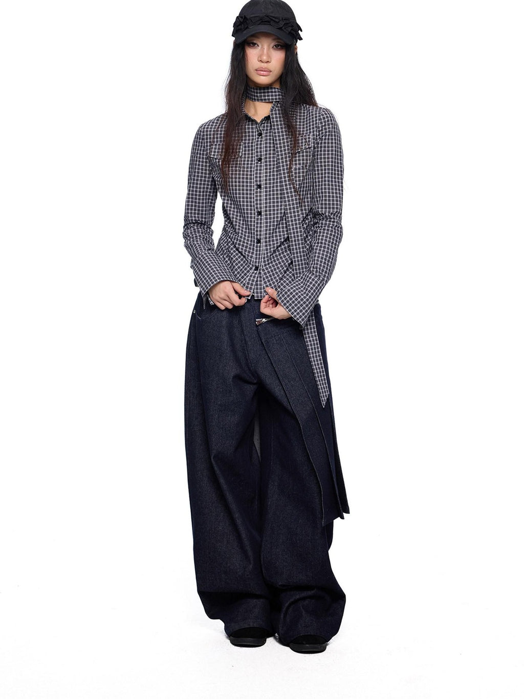 EZEK Black White Checked Retro Lapel Tie Long Sleeve Women's Cotton Blend Bow Blouses