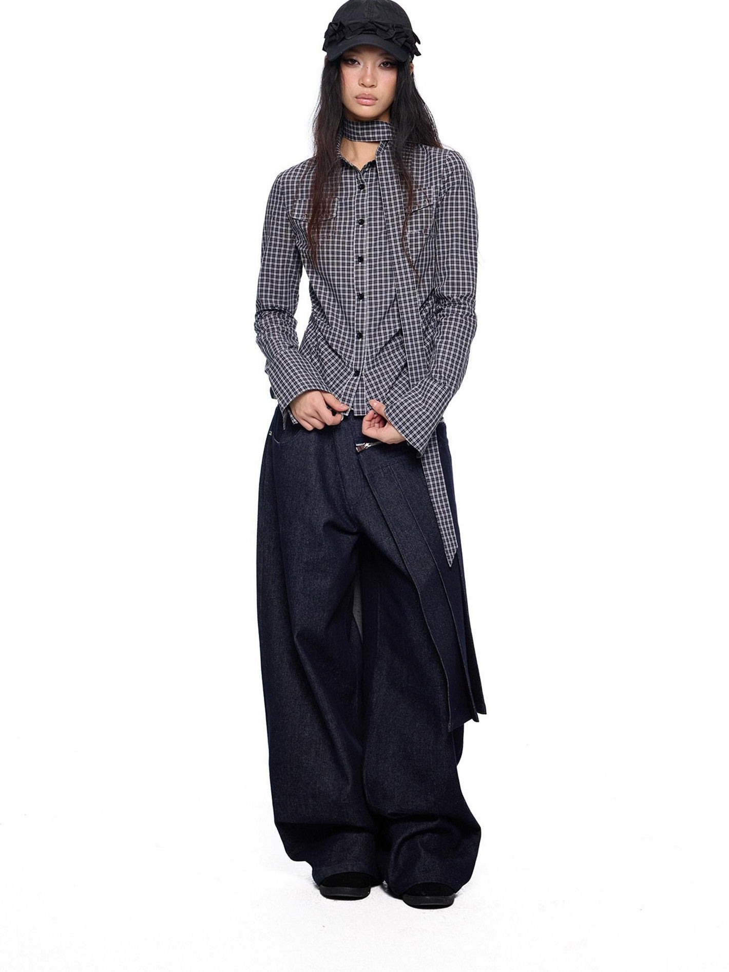 EZEK Black White Checked Retro Lapel Tie Long Sleeve Women's Cotton Blend Bow Blouses