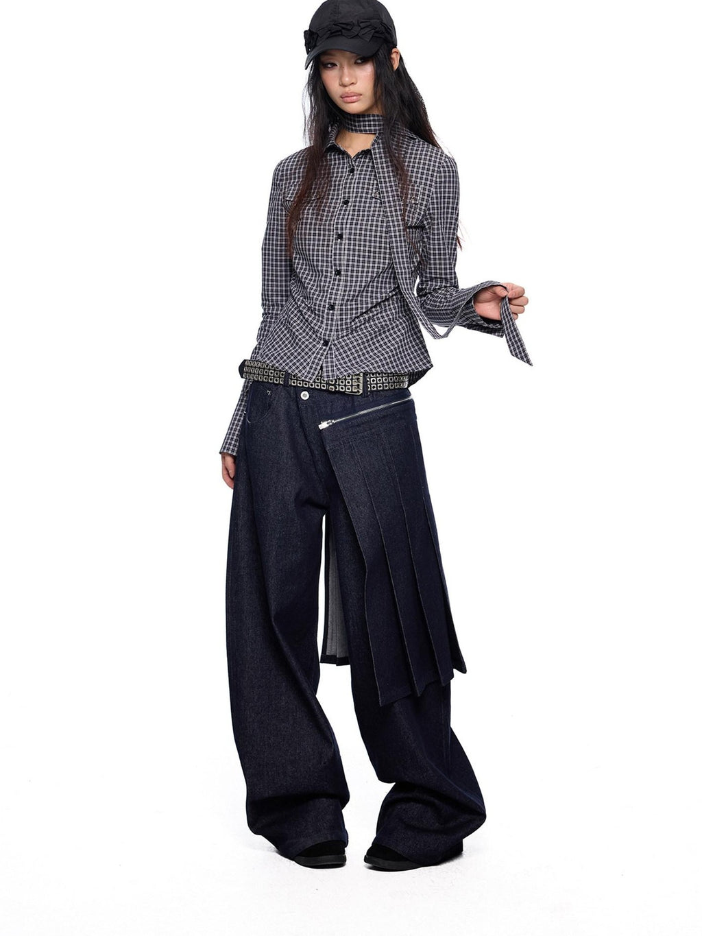 EZEK Black White Checked Retro Lapel Tie Long Sleeve Women's Cotton Blend Bow Blouses