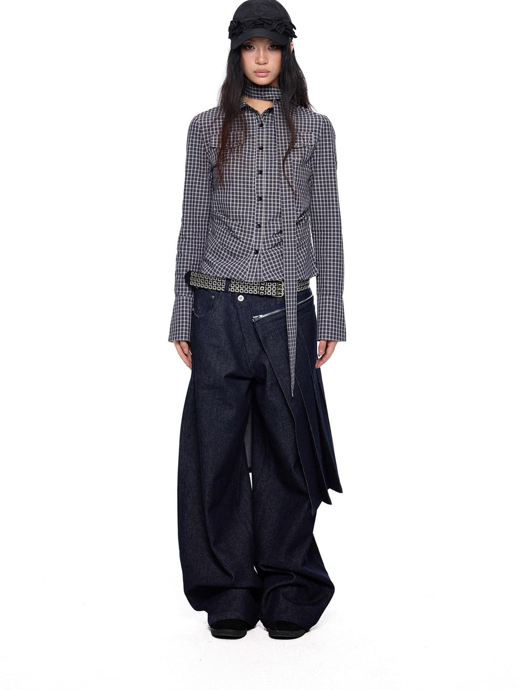 EZEK Black White Checked Retro Lapel Tie Long Sleeve Women's Cotton Blend Bow Blouses