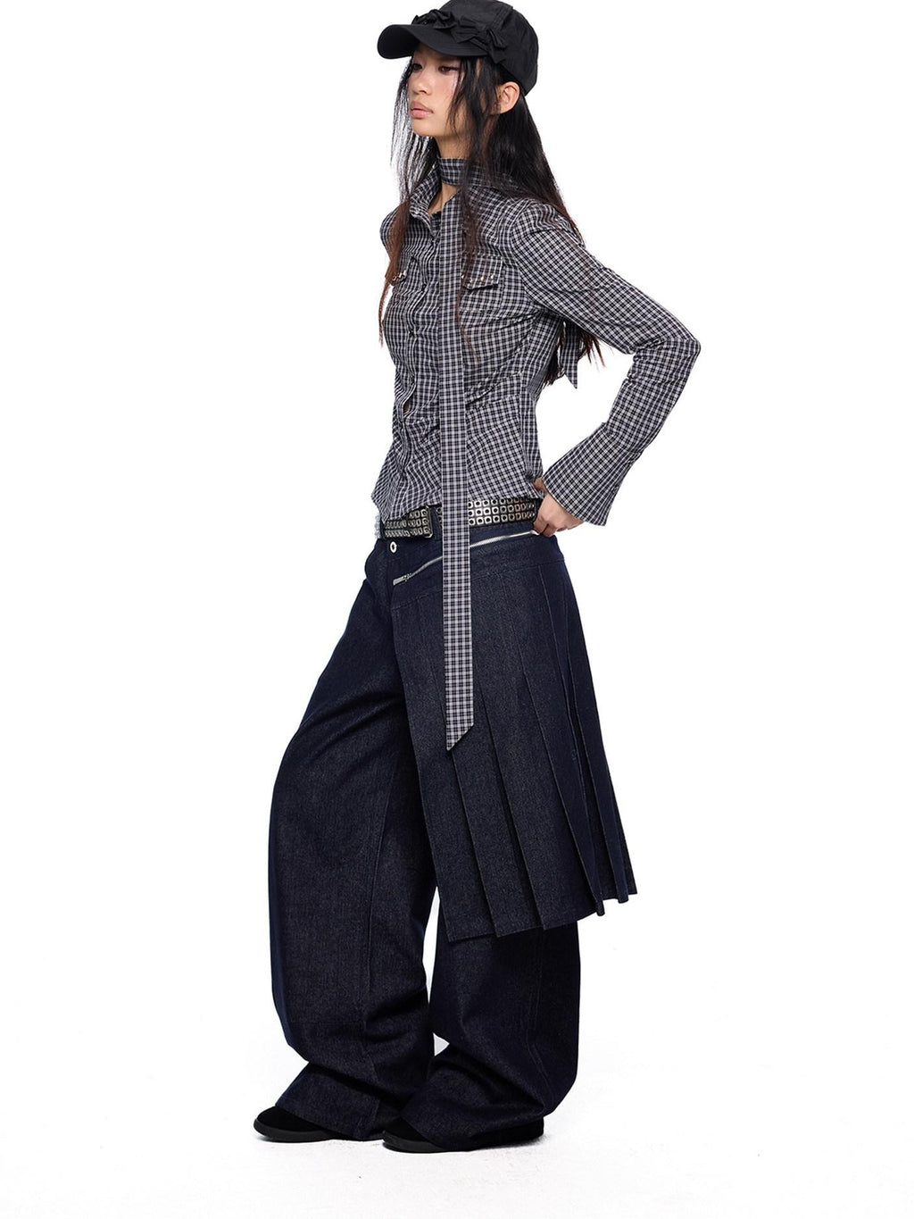 EZEK Black White Checked Retro Lapel Tie Long Sleeve Women's Cotton Blend Bow Blouses