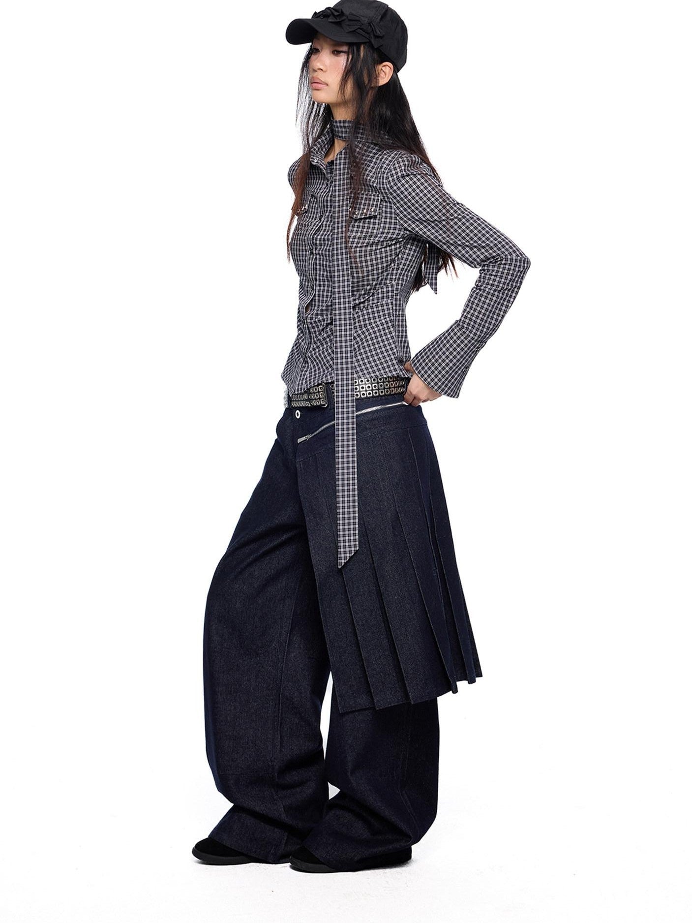 EZEK Black White Checked Retro Lapel Tie Long Sleeve Women's Cotton Blend Bow Blouses