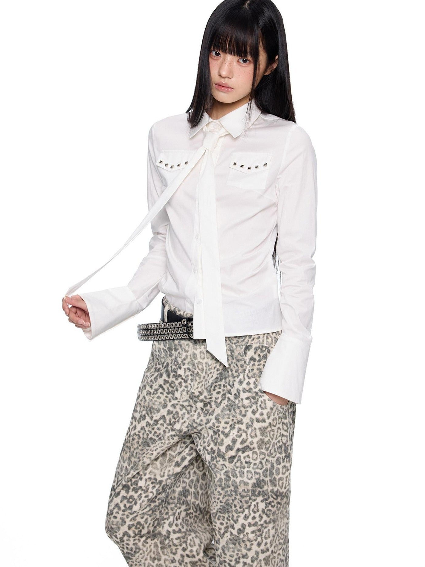 EZEK Black White Checked Retro Lapel Tie Long Sleeve Women's Cotton Blend Bow Blouses