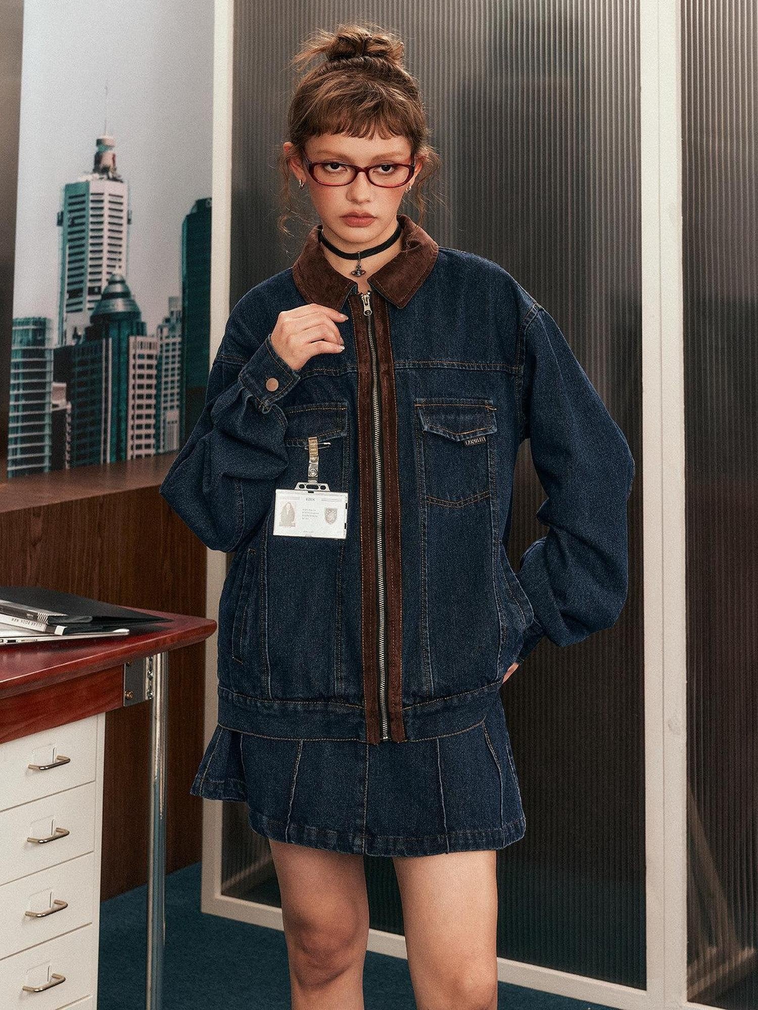 EZEK Blue Patchwork Denim Zip Pocket Women's Cotton Blend Matching Skirt Sets