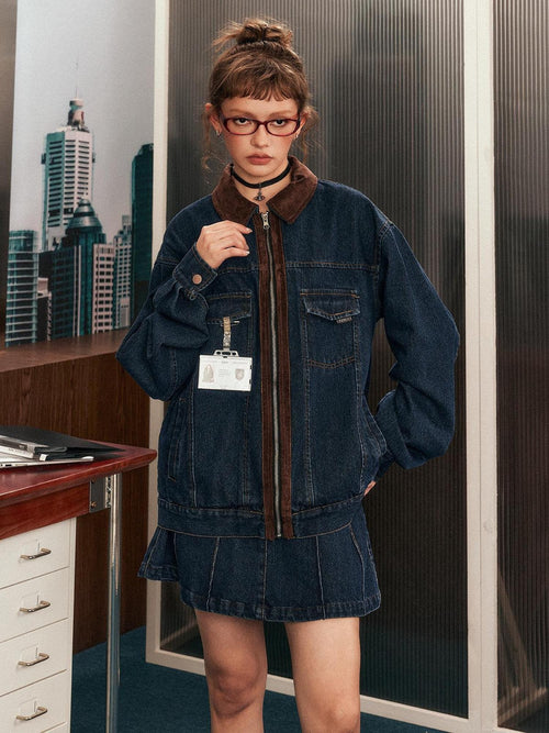 EZEK Blue Patchwork Denim Zip Pocket Women's Cotton Blend Matching Skirt Sets