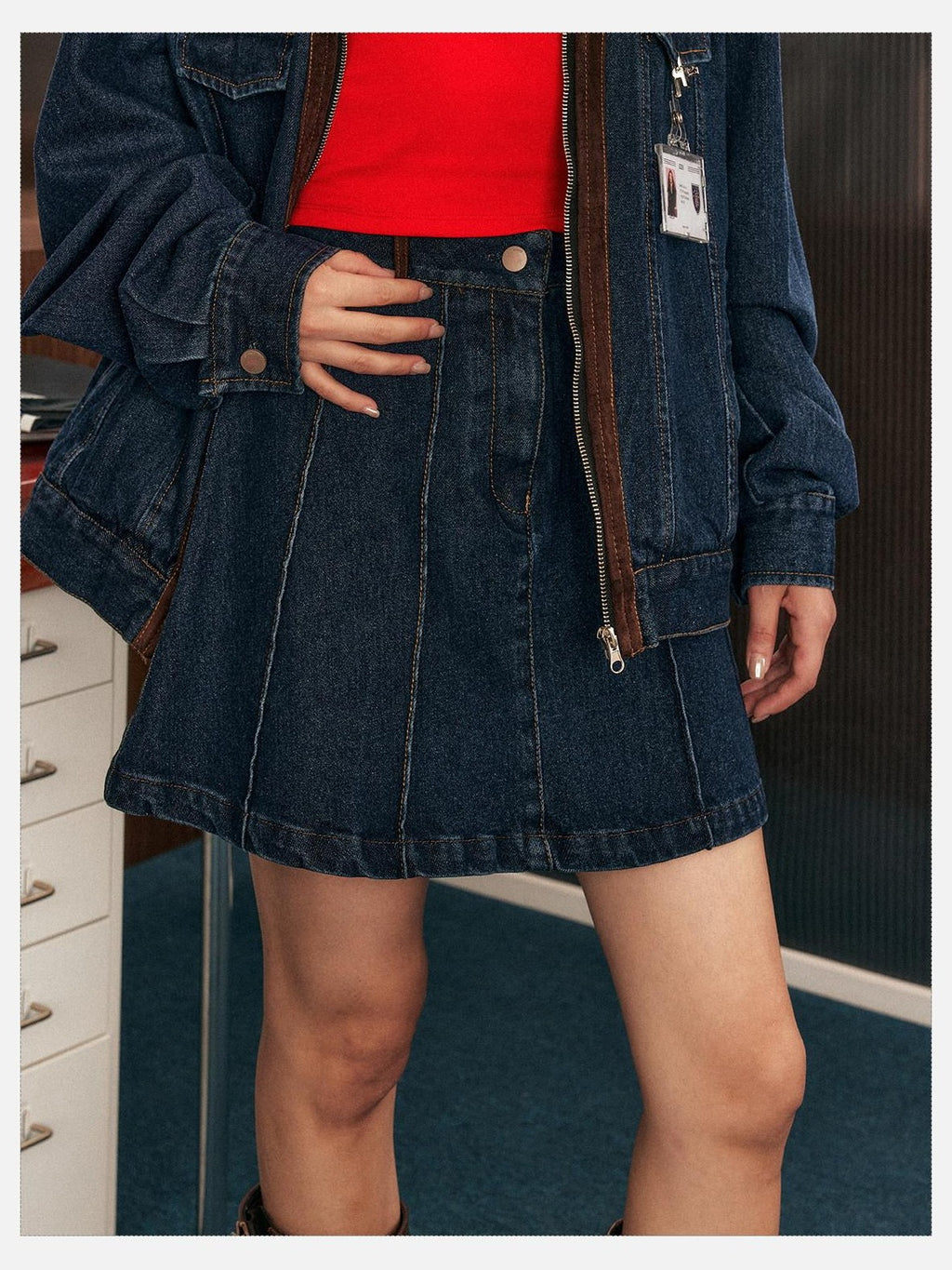 EZEK Blue Patchwork Denim Zip Pocket Women's Cotton Blend Matching Skirt Sets