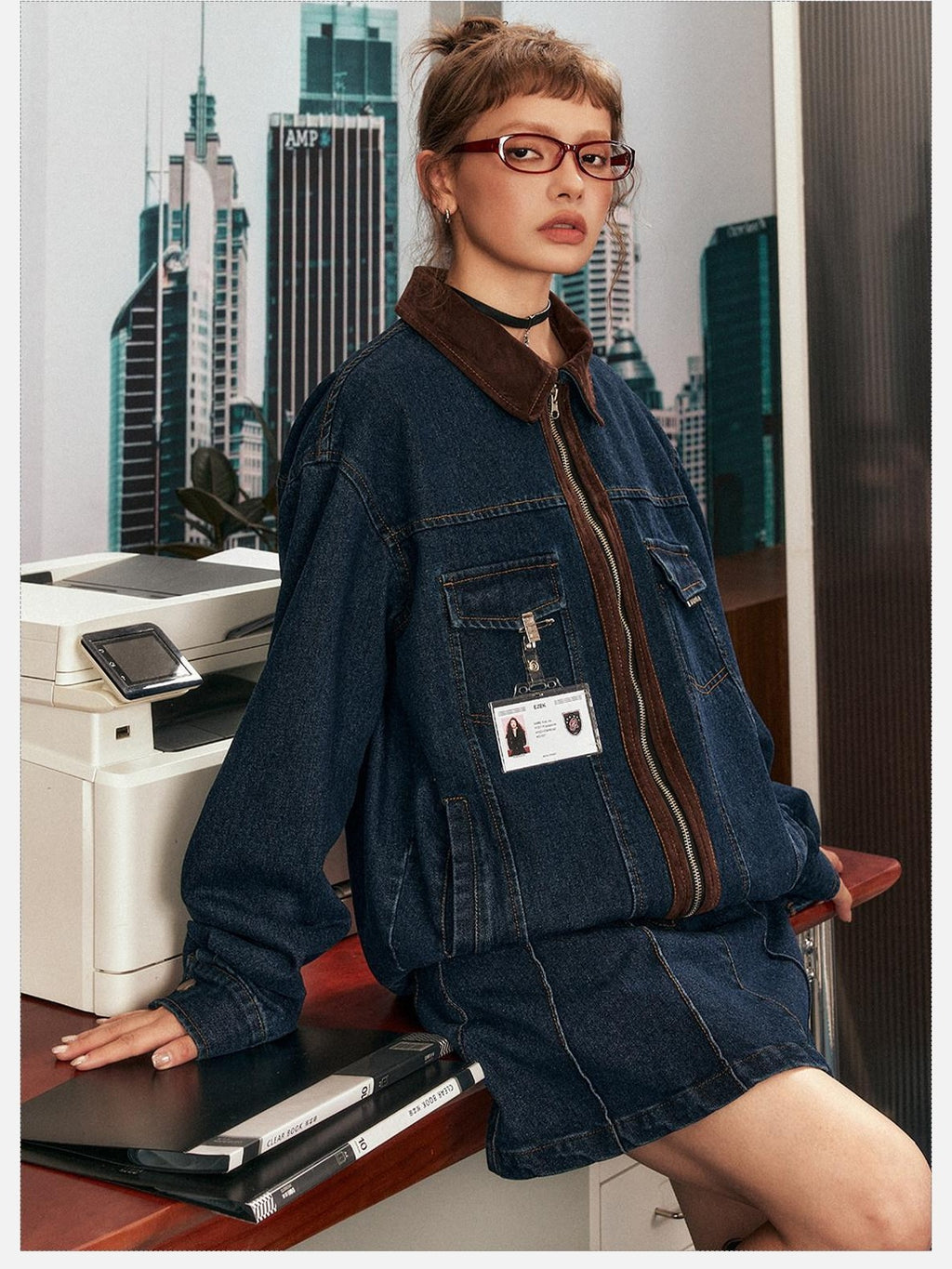 EZEK Blue Patchwork Denim Zip Pocket Women's Cotton Blend Matching Skirt Sets