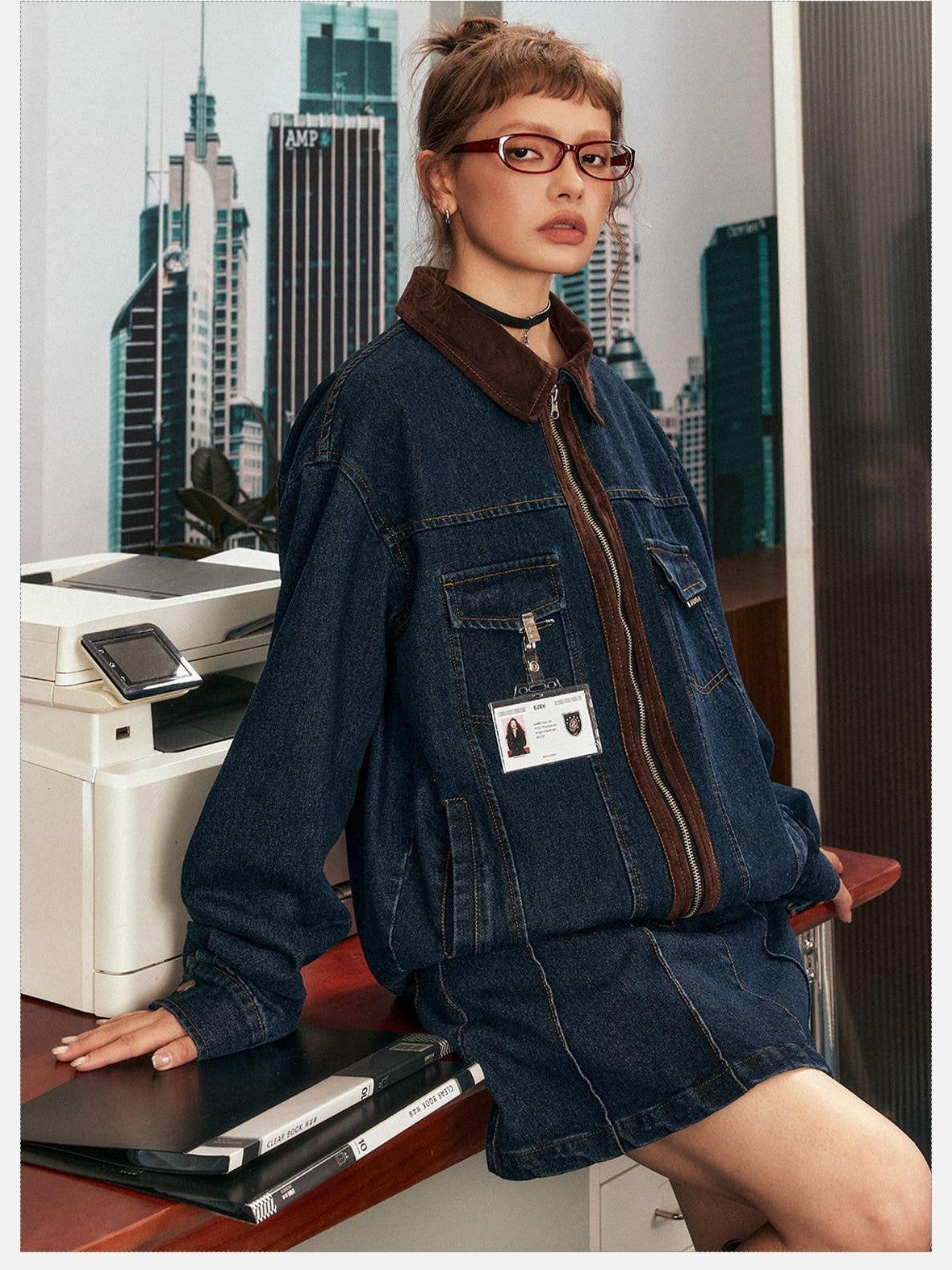 EZEK Blue Patchwork Denim Zip Pocket Women's Cotton Blend Matching Skirt Sets
