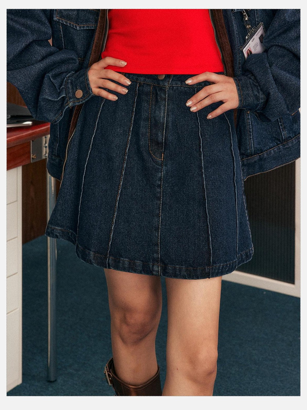 EZEK Blue Patchwork Denim Zip Pocket Women's Cotton Blend Matching Skirt Sets