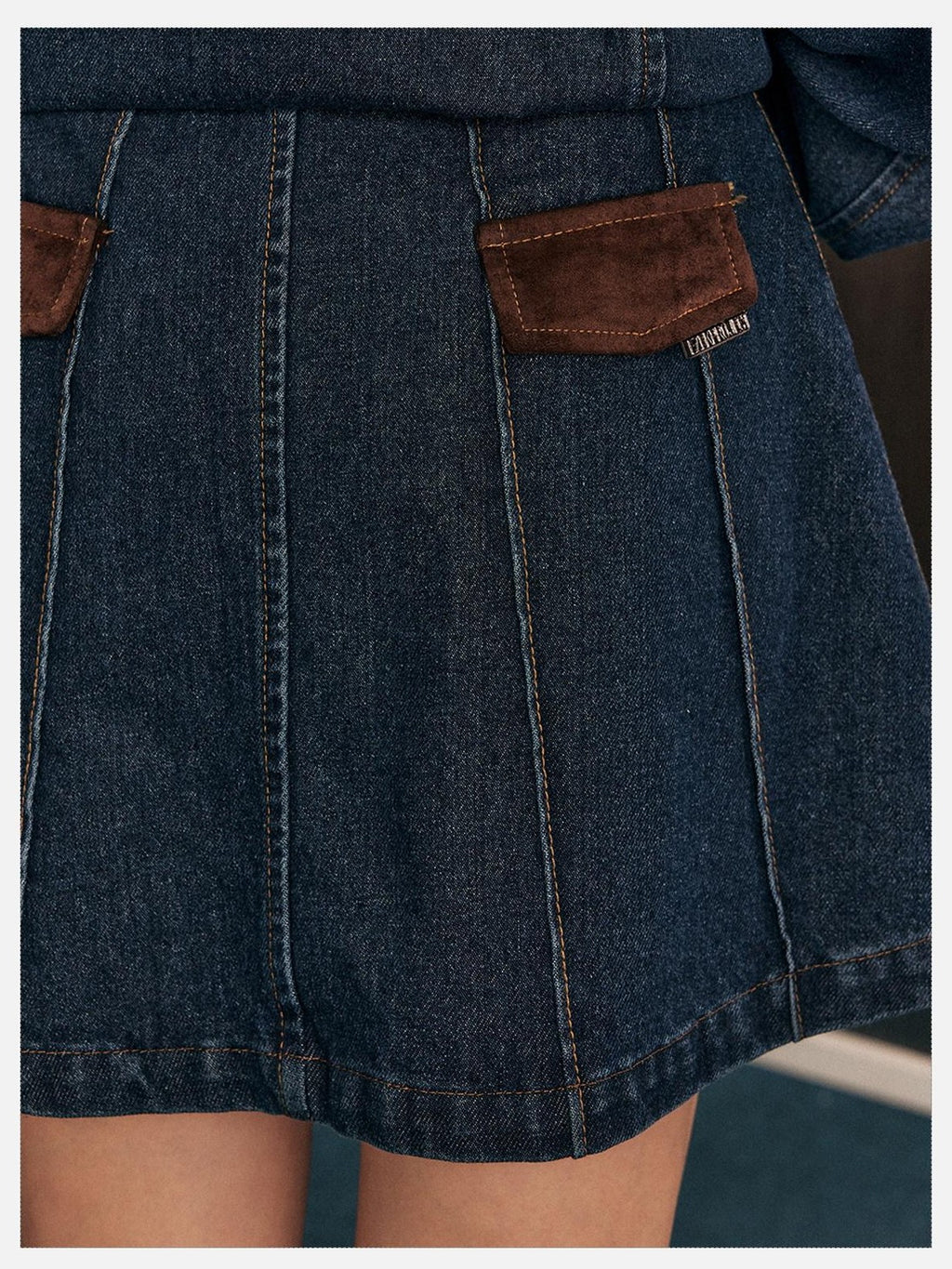 EZEK Blue Patchwork Denim Zip Pocket Women's Cotton Blend Matching Skirt Sets