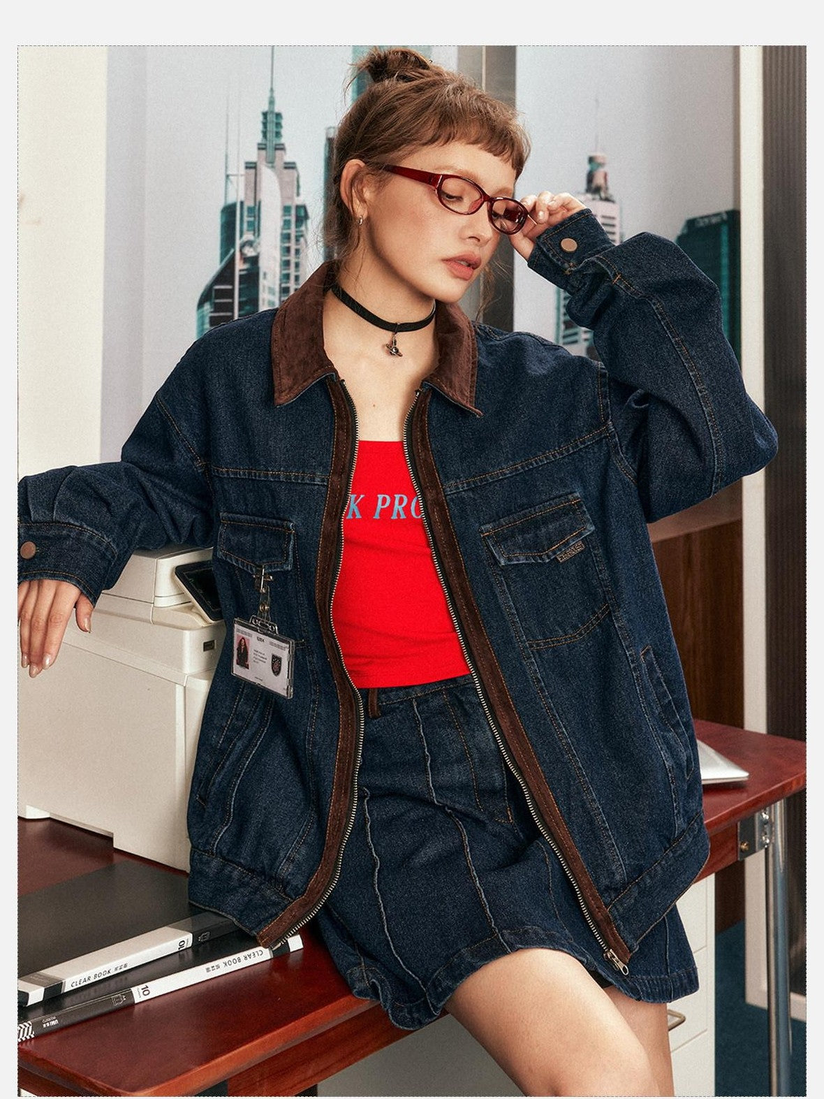 EZEK Blue Patchwork Denim Zip Pocket Women's Cotton Blend Matching Skirt Sets