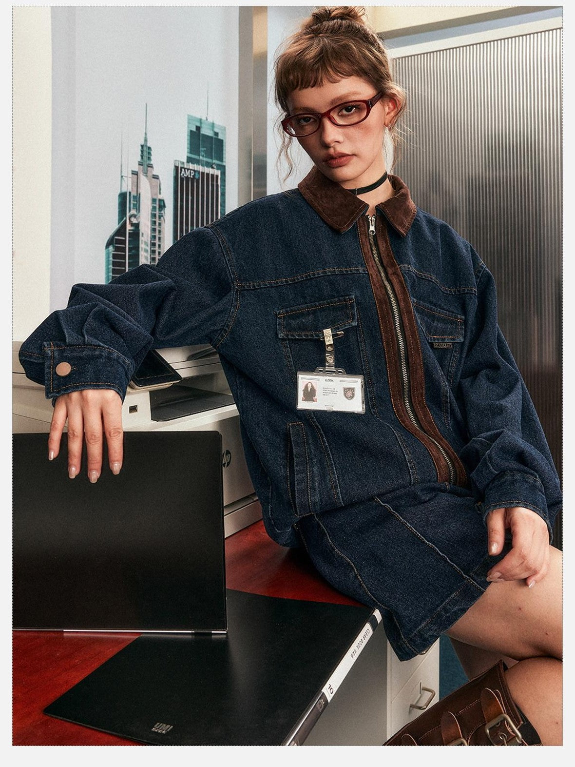 EZEK Blue Patchwork Denim Zip Pocket Women's Cotton Blend Matching Skirt Sets