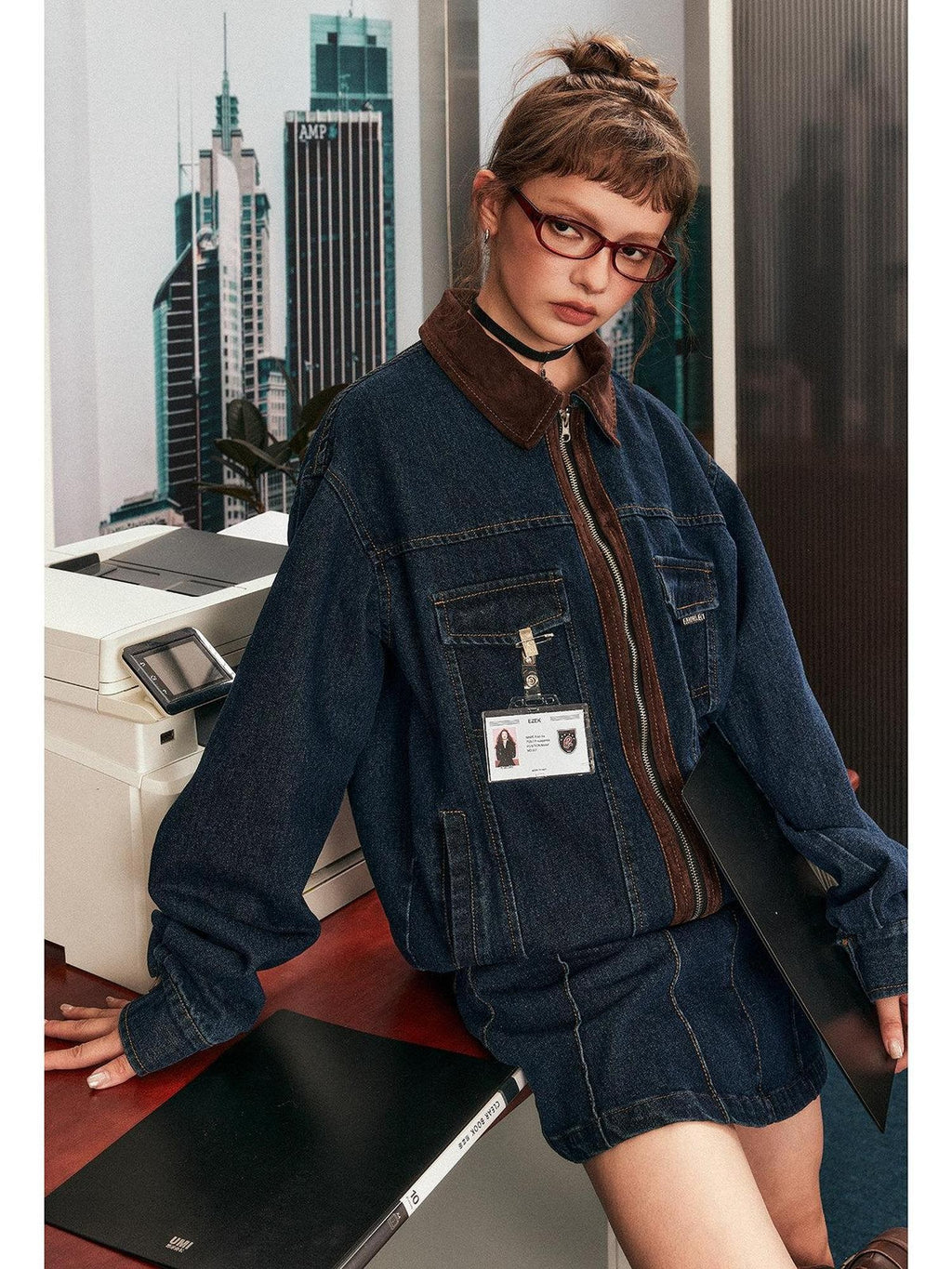EZEK Blue Patchwork Denim Zip Pocket Women's Cotton Blend Matching Skirt Sets