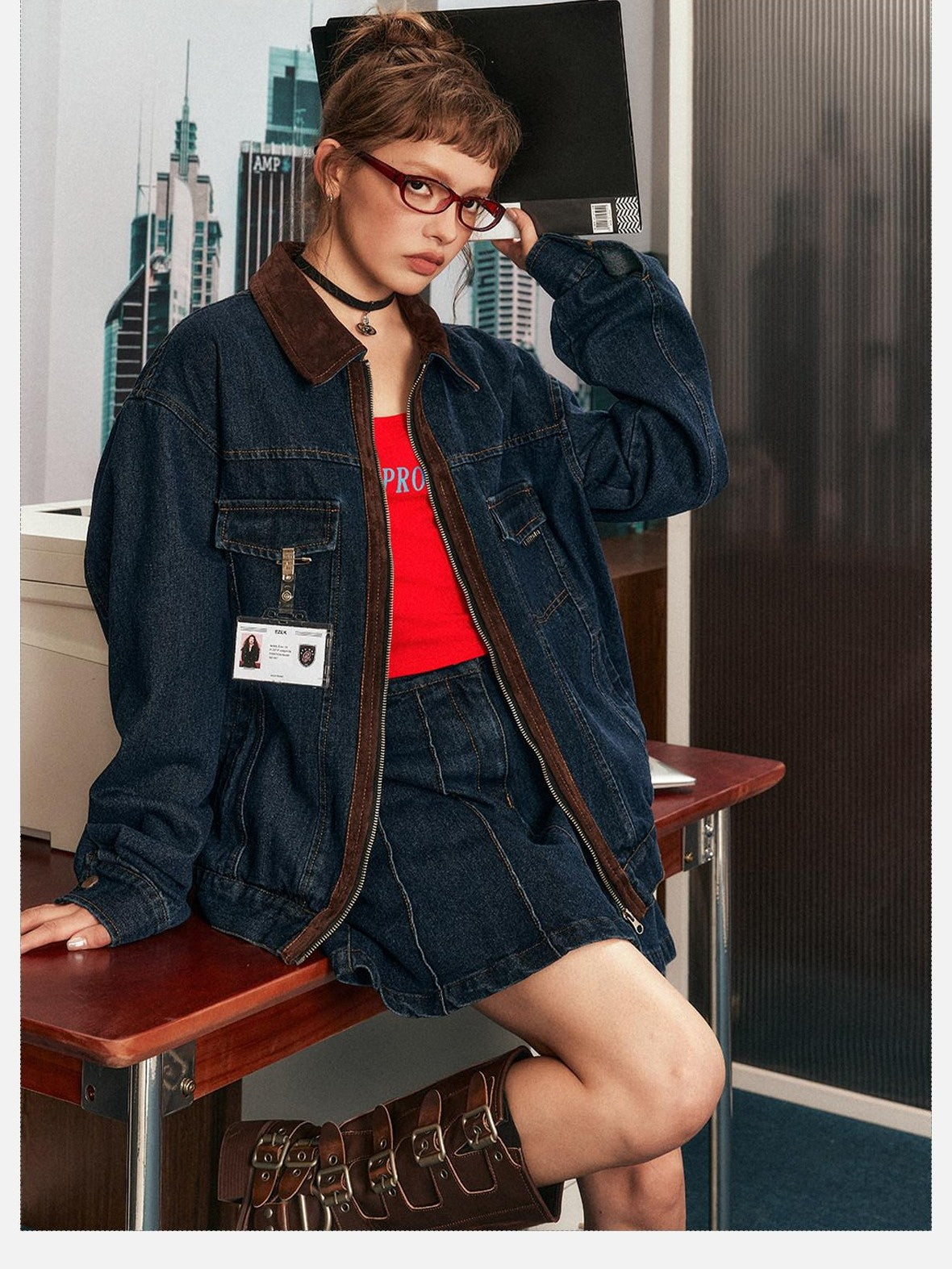 EZEK Blue Patchwork Denim Zip Pocket Women's Cotton Blend Matching Skirt Sets