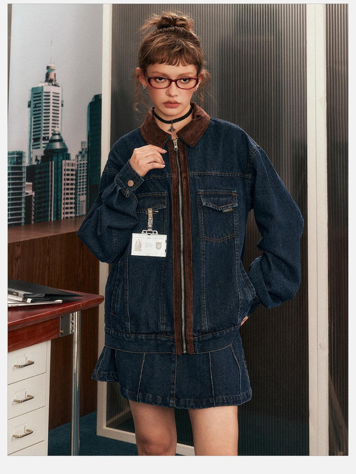 EZEK Blue Patchwork Denim Zip Pocket Women's Cotton Blend Matching Skirt Sets