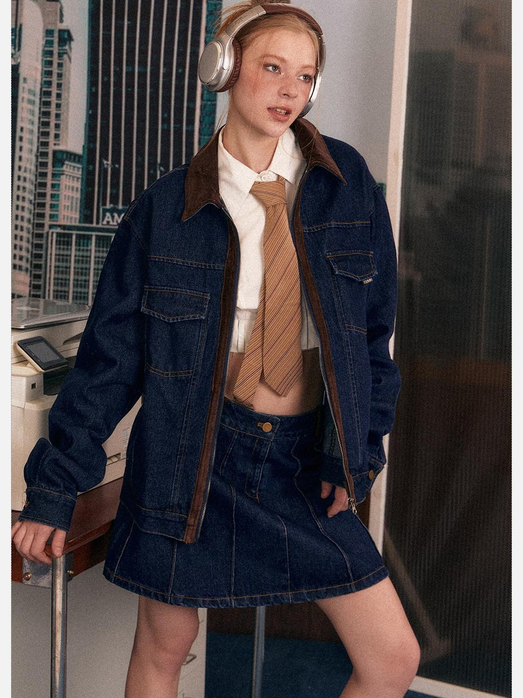 EZEK Blue Vintage Patchwork Zipper Lapel Pockets Women's Cotton Blend Denim Jackets