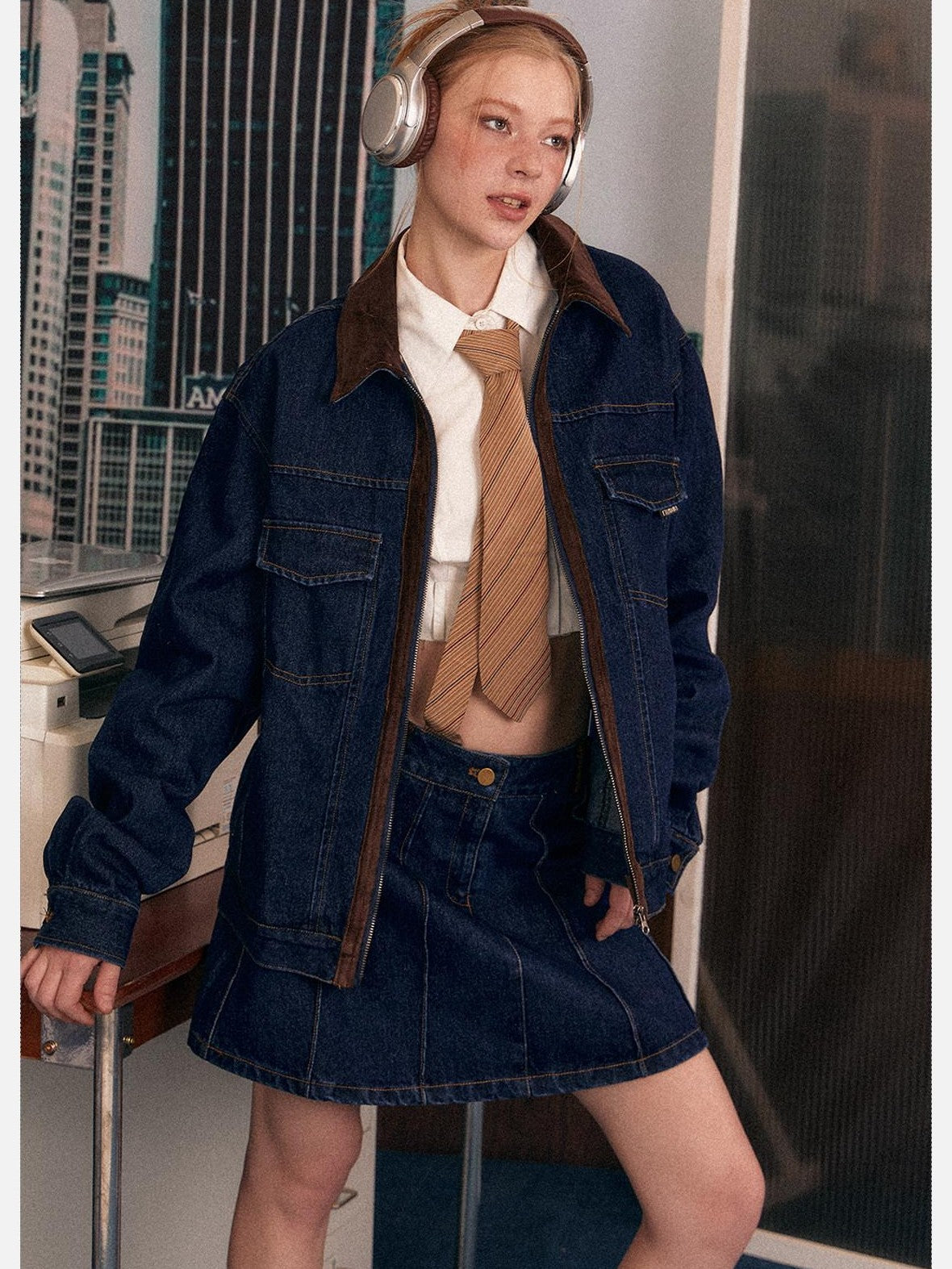 EZEK Blue Vintage Patchwork Zipper Lapel Pockets Women's Cotton Blend Denim Jackets