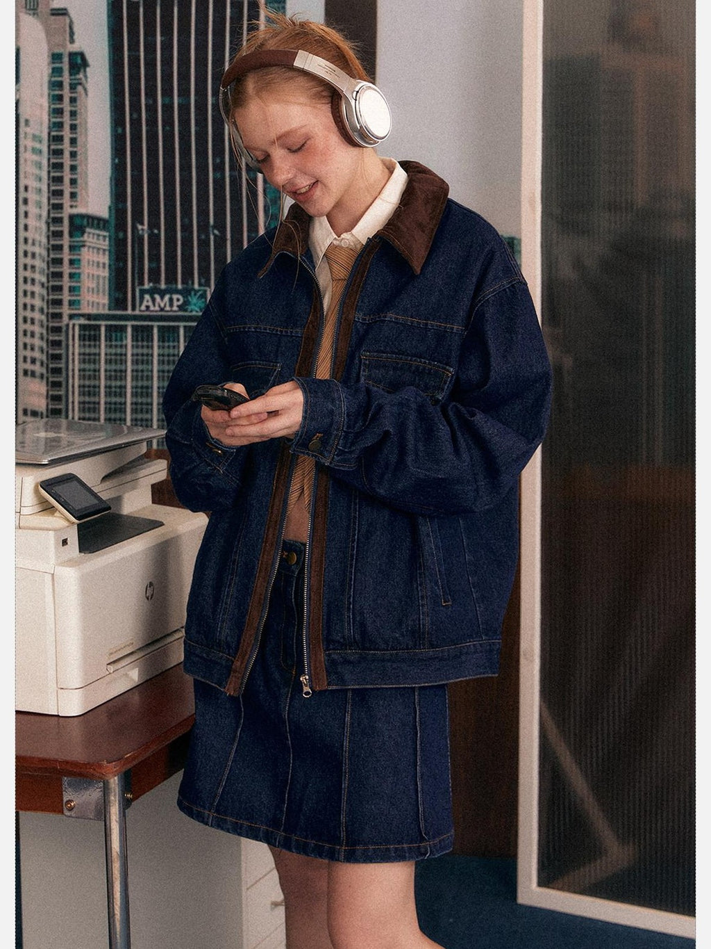 EZEK Blue Vintage Patchwork Zipper Lapel Pockets Women's Cotton Blend Denim Jackets
