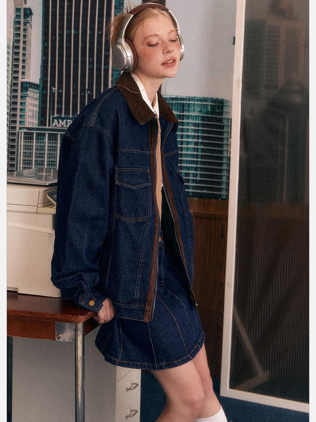 EZEK Blue Vintage Patchwork Zipper Lapel Pockets Women's Cotton Blend Denim Jackets