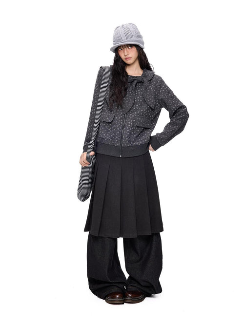 EZEK Bow Print Floral Lapel Loose Fit Women's Polyester Cropped Jackets
