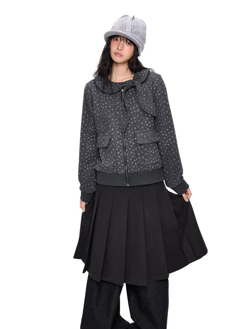 EZEK Bow Print Floral Lapel Loose Fit Women's Polyester Cropped Jackets