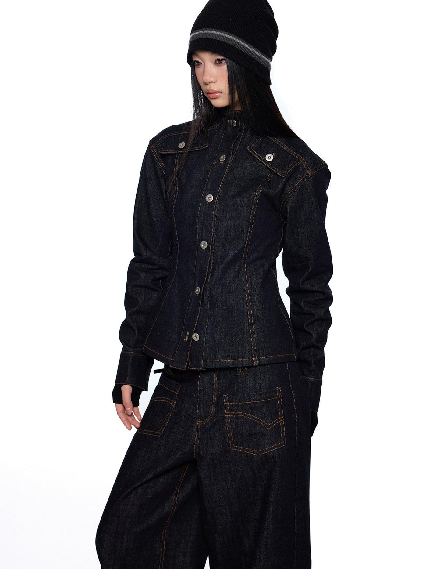 EZEK Broad Shoulder Waist Cinched Retro Denim Women's Cotton Casual Top & Pants Sets