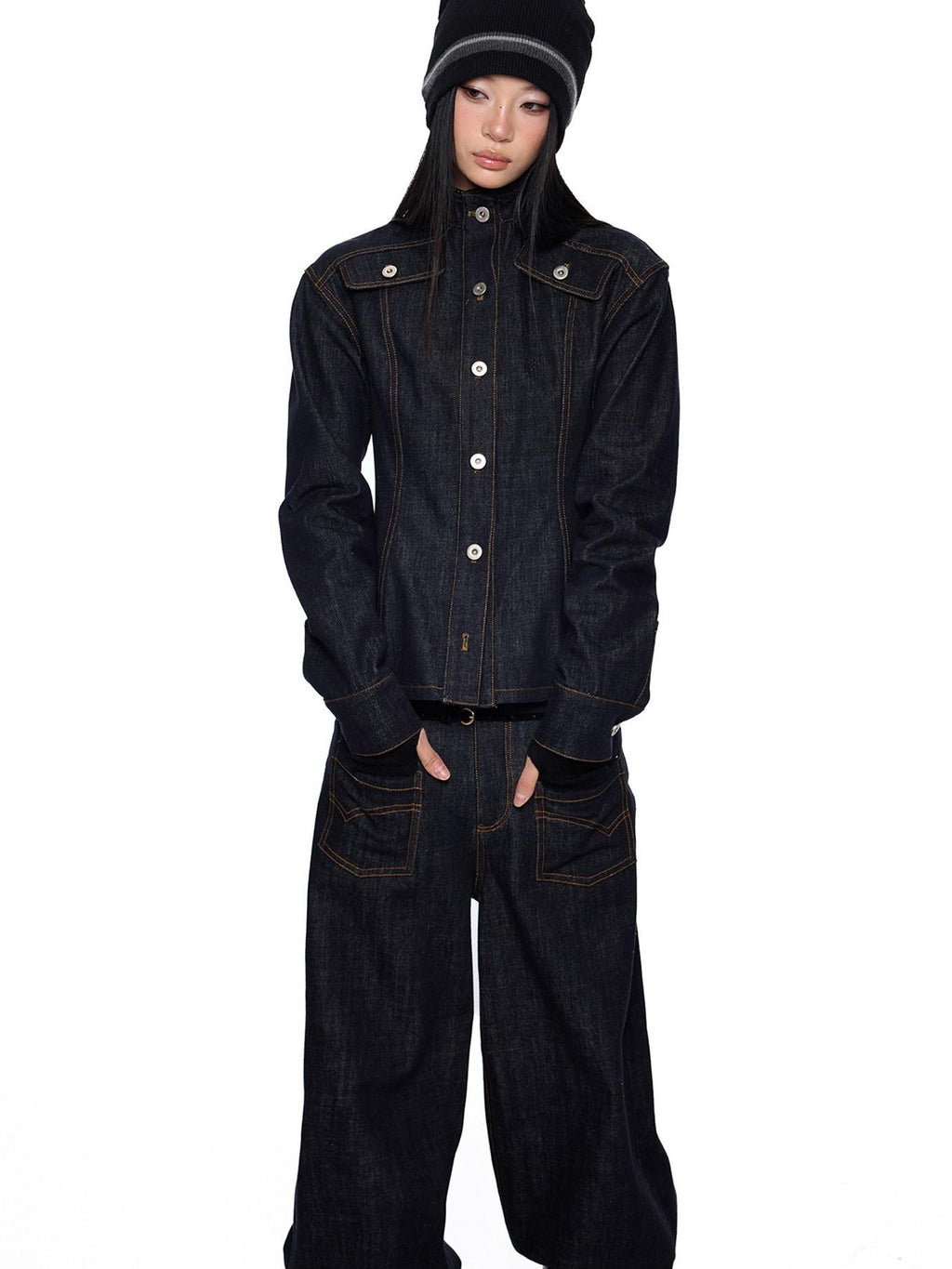 EZEK Broad Shoulder Waist Cinched Retro Denim Women's Cotton Casual Top & Pants Sets