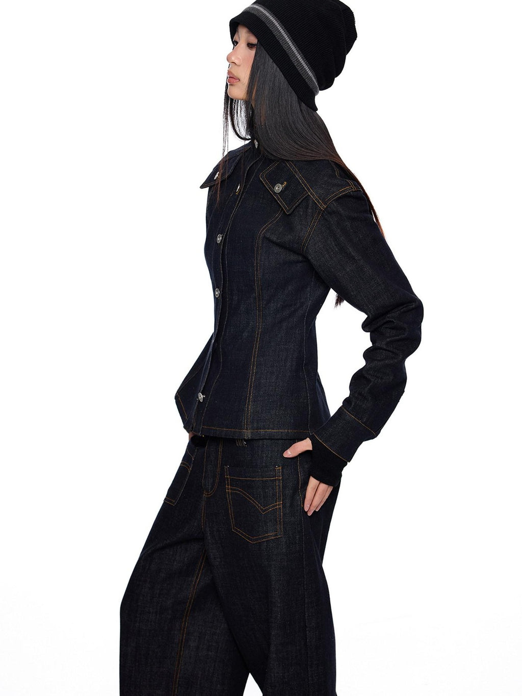 EZEK Broad Shoulder Waist Cinched Retro Denim Women's Cotton Casual Top & Pants Sets