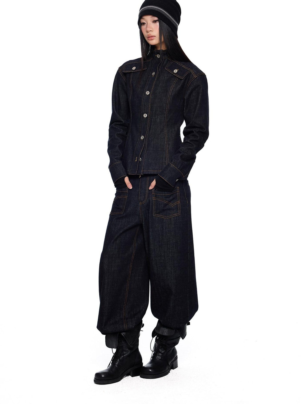 EZEK Broad Shoulder Waist Cinched Retro Denim Women's Cotton Casual Top & Pants Sets