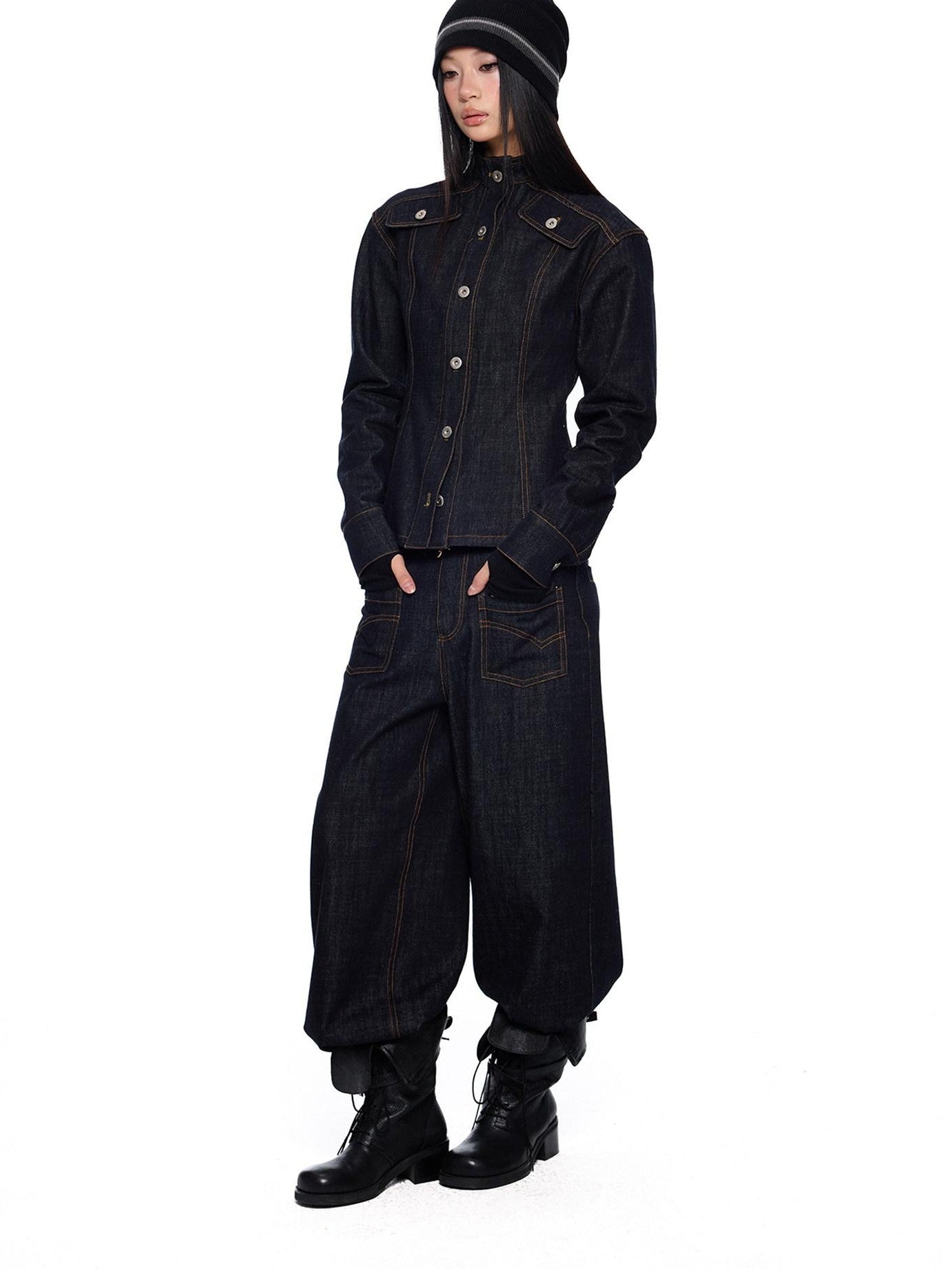 EZEK Broad Shoulder Waist Cinched Retro Denim Women's Cotton Casual Top & Pants Sets