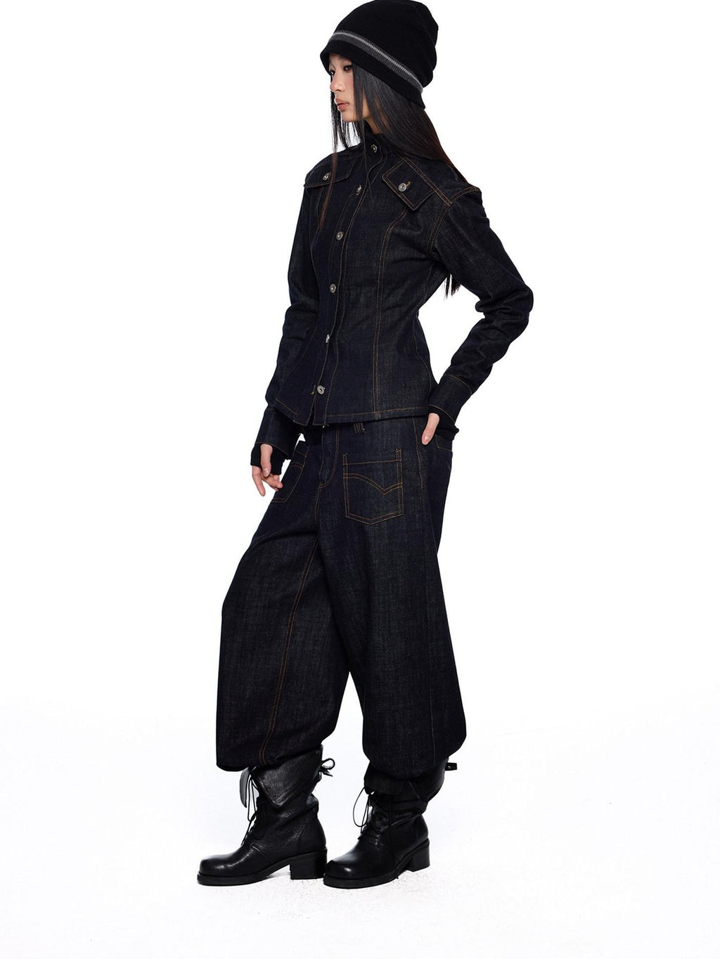 EZEK Broad Shoulder Waist Cinched Retro Denim Women's Cotton Casual Top & Pants Sets