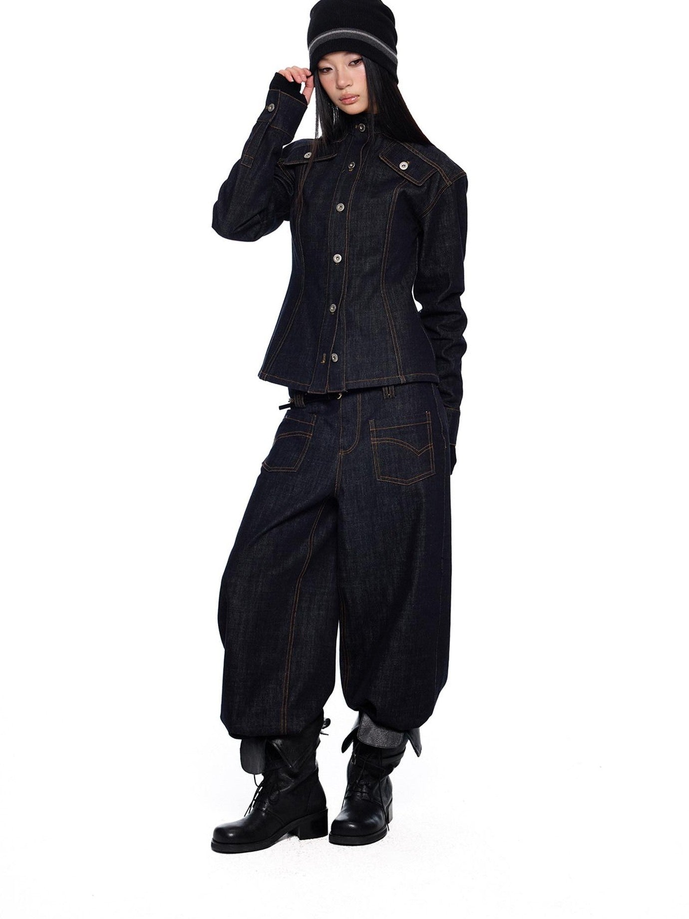 EZEK Broad Shoulder Waist Cinched Retro Denim Women's Cotton Casual Top & Pants Sets
