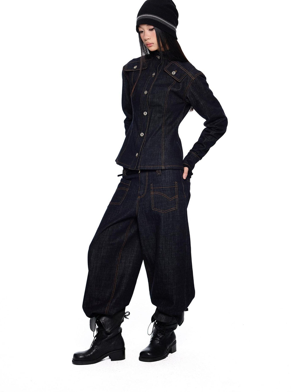 EZEK Broad Shoulder Waist Cinched Retro Denim Women's Cotton Casual Top & Pants Sets