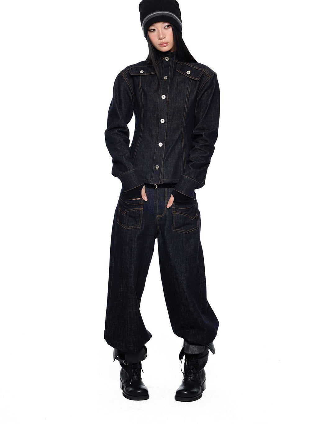 EZEK Broad Shoulder Waist Cinched Retro Denim Women's Cotton Casual Top & Pants Sets