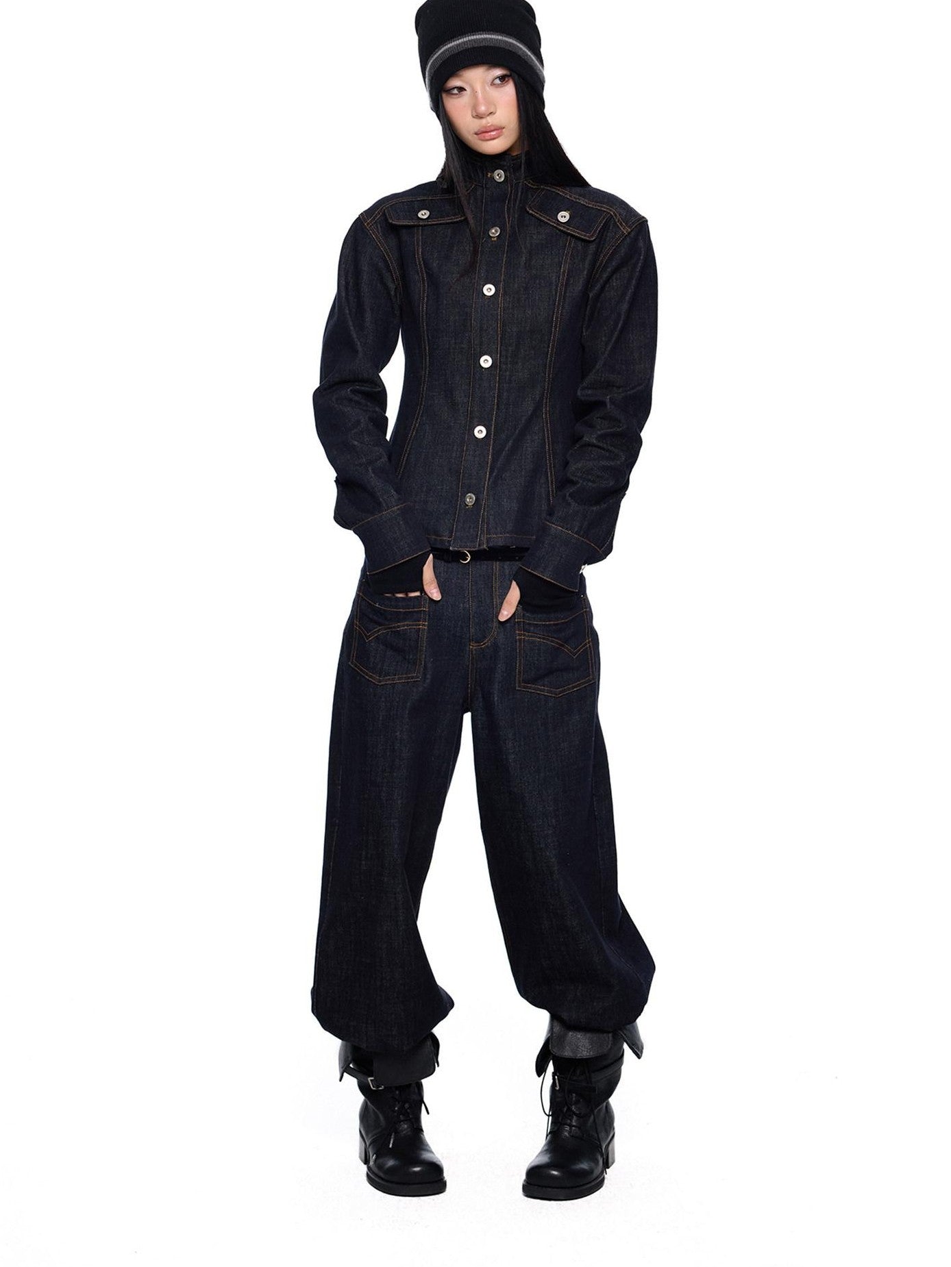 EZEK Broad Shoulder Waist Cinched Retro Denim Women's Cotton Casual Top & Pants Sets
