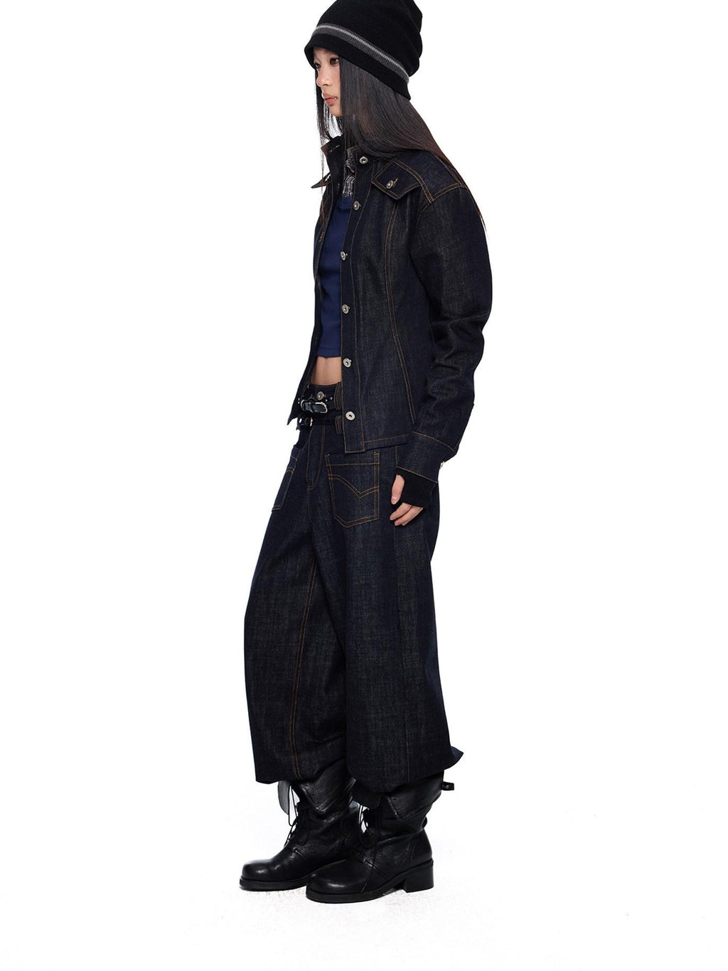 EZEK Broad Shoulder Waist Cinched Retro Denim Women's Cotton Casual Top & Pants Sets