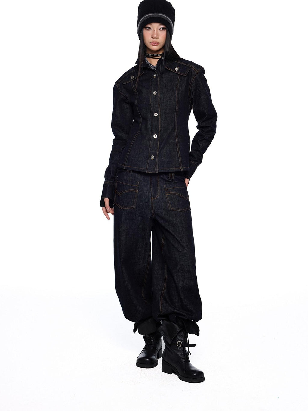 EZEK Broad Shoulder Waist Cinched Retro Denim Women's Cotton Casual Top & Pants Sets