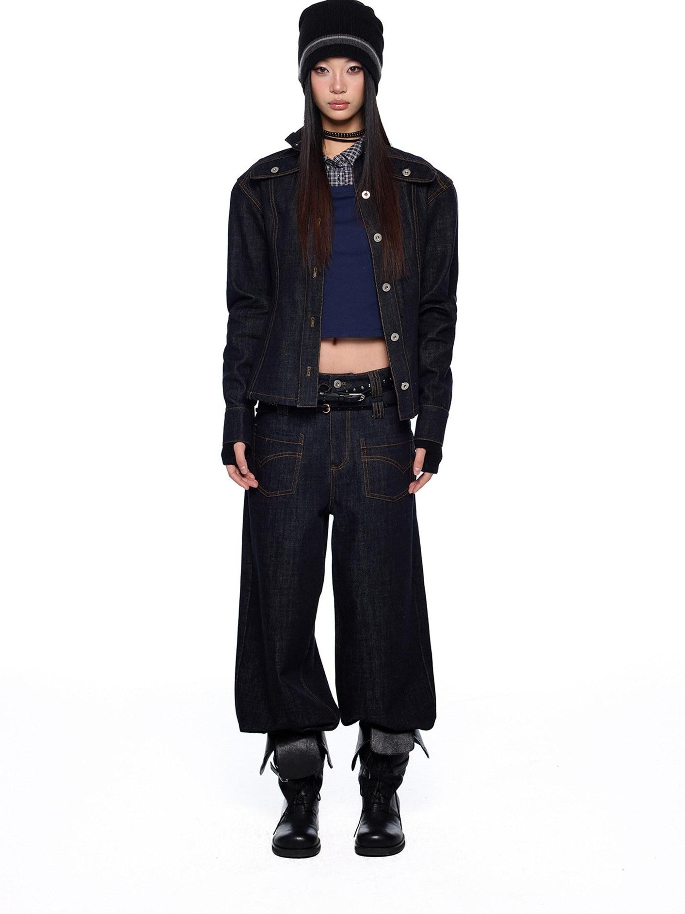 EZEK Broad Shoulder Waist Cinched Retro Denim Women's Cotton Casual Top & Pants Sets