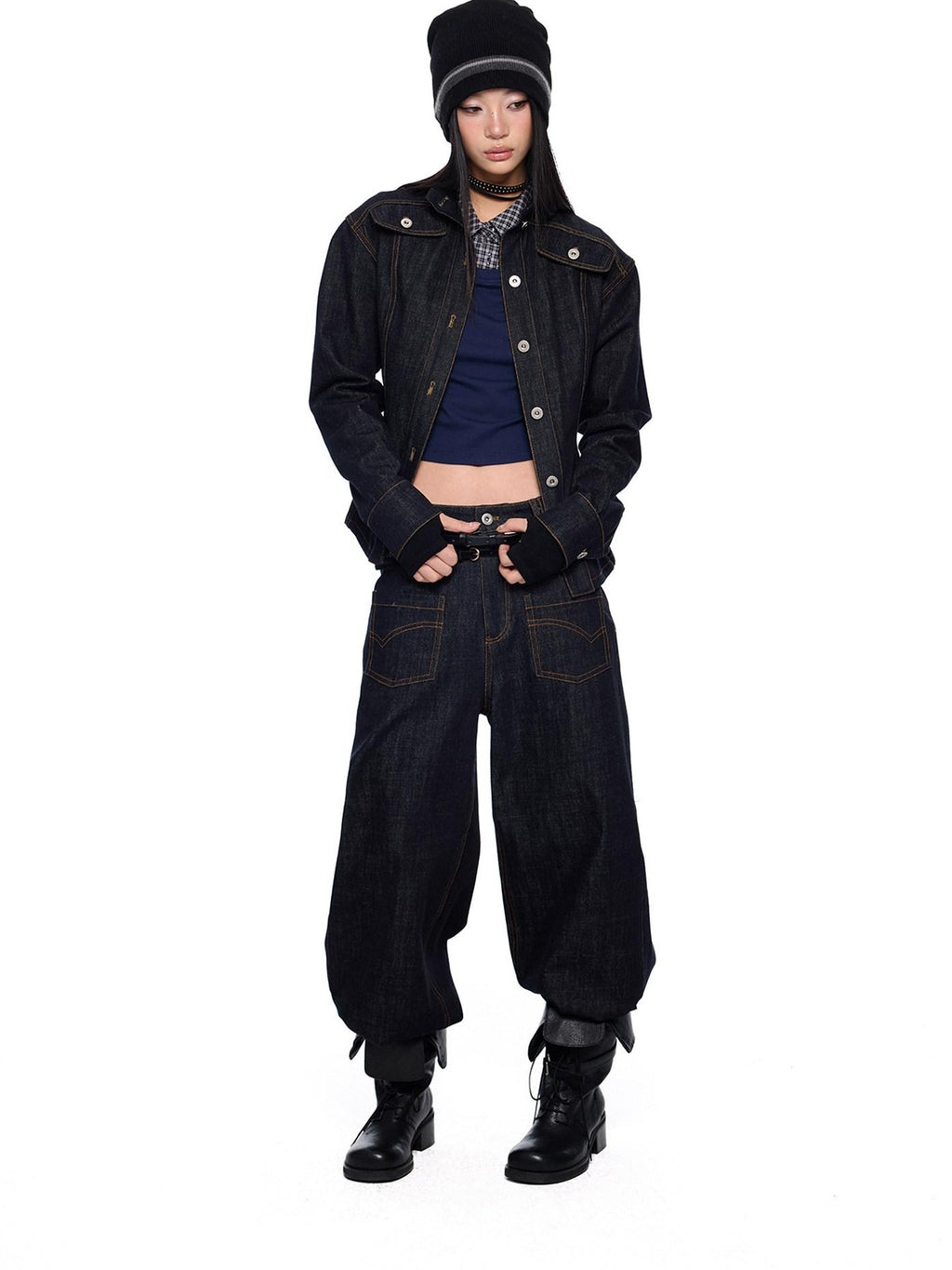 EZEK Broad Shoulder Waist Cinched Retro Denim Women's Cotton Casual Top & Pants Sets